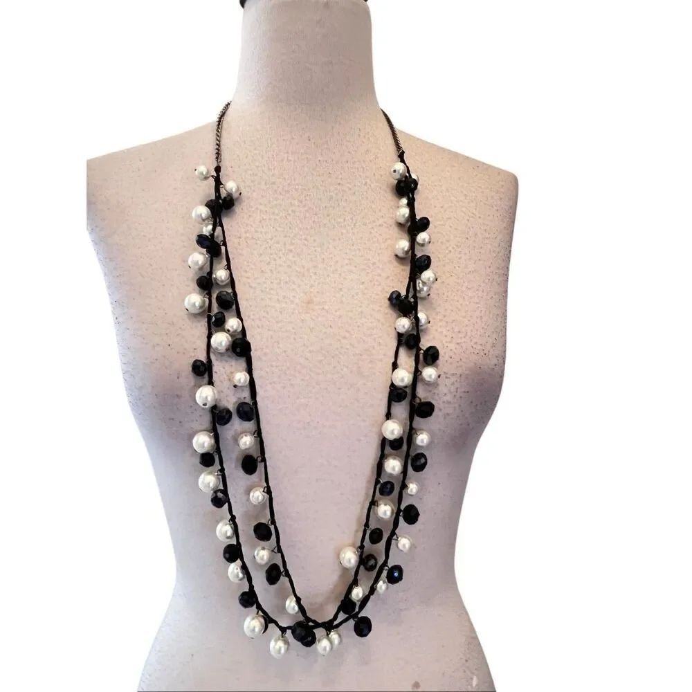 VCLM Women's Double Strand Layered Faux Pearl Bead Necklace Black Cream OS